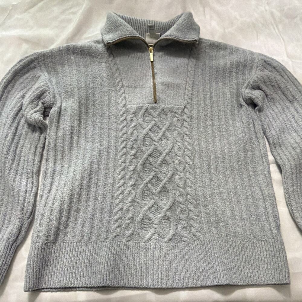 St. John’s Bay Women’s Medium Gray Quarter Zip Cable Knit Sweater Mock Neck